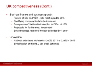 UK competitiveness (Cont.) <ul><li>Start-up finance and business growth </li></ul><ul><ul><li>Reform of EIS and VCT – EIS ...