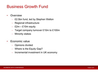 Business Growth Fund  <ul><li>Overview </li></ul><ul><ul><li>£2.5bn fund, led by Stephen Welton </li></ul></ul><ul><ul><li...
