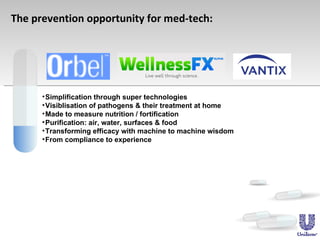 The prevention opportunity for med-tech: <ul><li>Simplification through super technologies </li></ul><ul><li>Visiblisation...